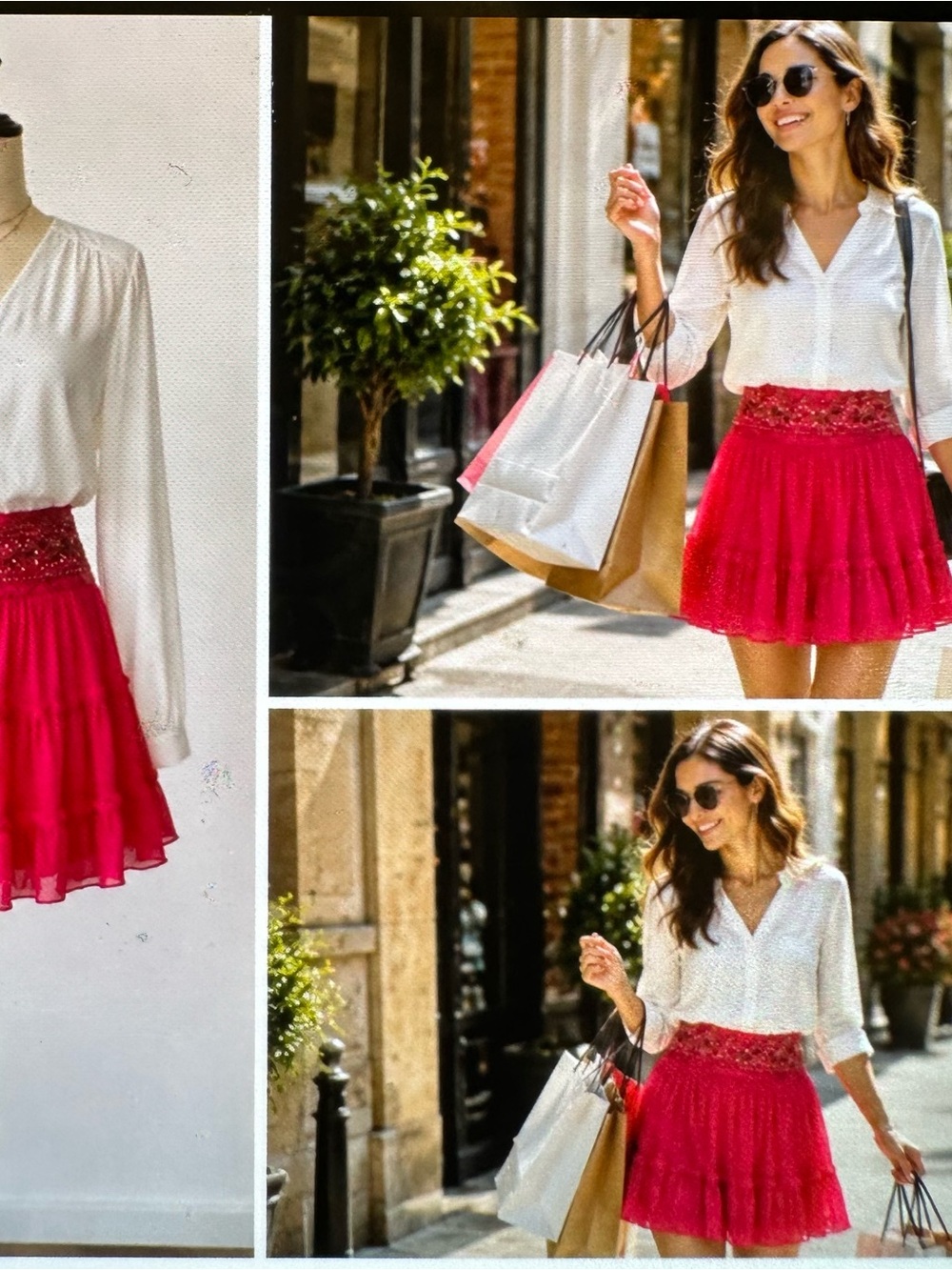 100% cotton Women's Red Tiered Mini Skirt with Embellished Waistband